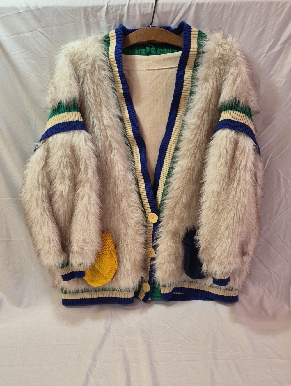Ladies Cream Faux-Fur Cardigan with Color-Trim Pockets Size L